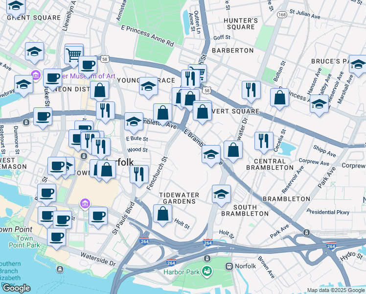 map of restaurants, bars, coffee shops, grocery stores, and more near in Norfolk