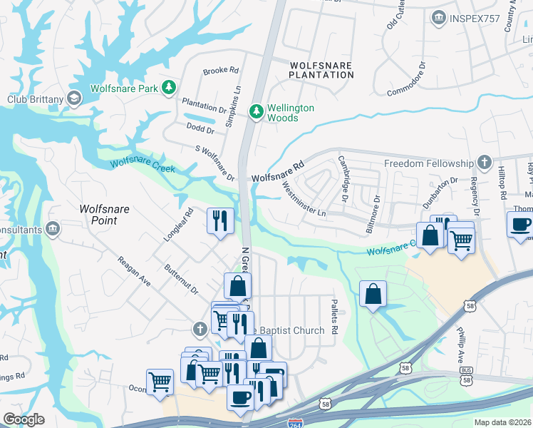 map of restaurants, bars, coffee shops, grocery stores, and more near 2431 Sedgewick Drive in Virginia Beach