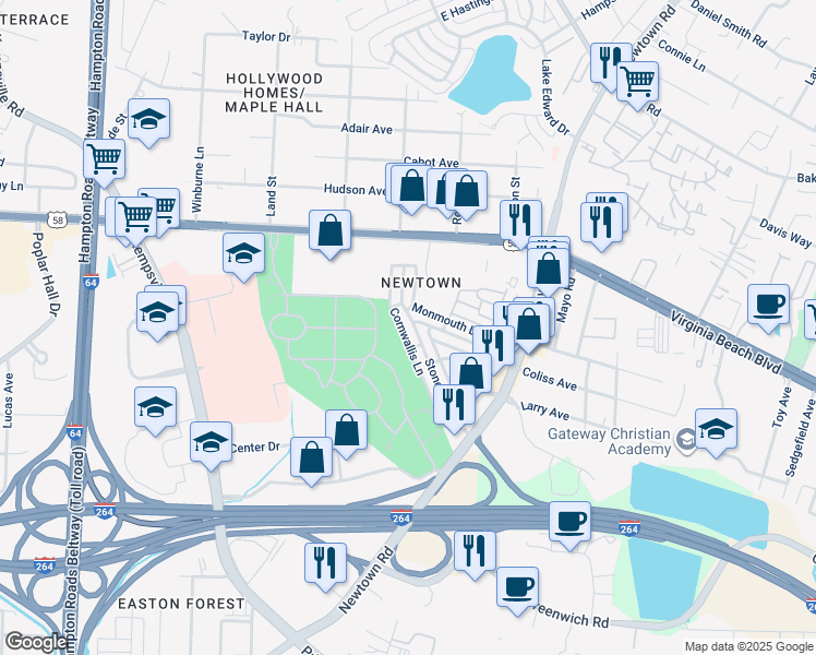 map of restaurants, bars, coffee shops, grocery stores, and more near 6555 Stoney Point South in Norfolk