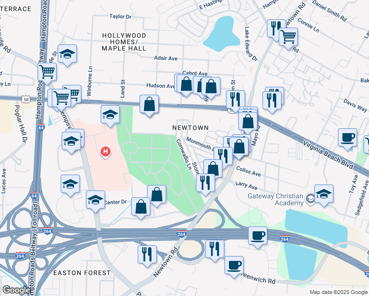 map of restaurants, bars, coffee shops, grocery stores, and more near 6555 Stoney Point South in Norfolk