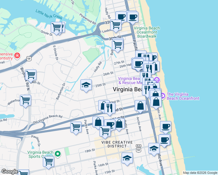 map of restaurants, bars, coffee shops, grocery stores, and more near 527 24th 1/2 Street in Virginia Beach