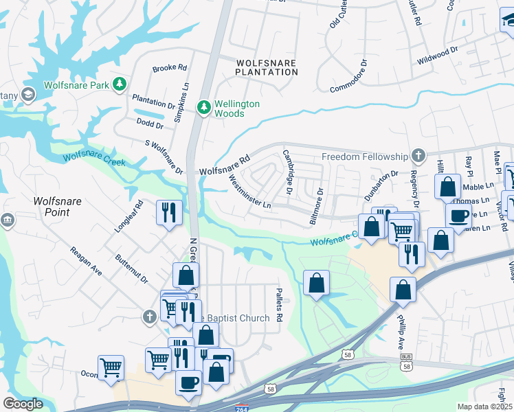 map of restaurants, bars, coffee shops, grocery stores, and more near 869 Westminster Lane in Virginia Beach