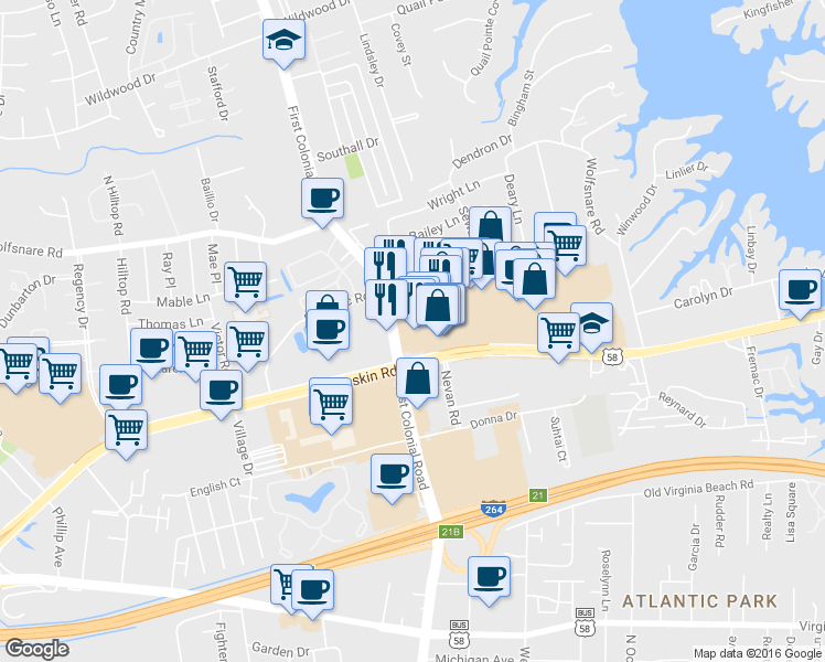 map of restaurants, bars, coffee shops, grocery stores, and more near 509 Hilltop West Shopping Center in Virginia Beach