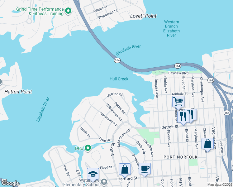 map of restaurants, bars, coffee shops, grocery stores, and more near 138 Monitor Road in Portsmouth