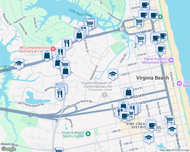 map of restaurants, bars, coffee shops, grocery stores, and more near 807 Seawinds Lane in Virginia Beach