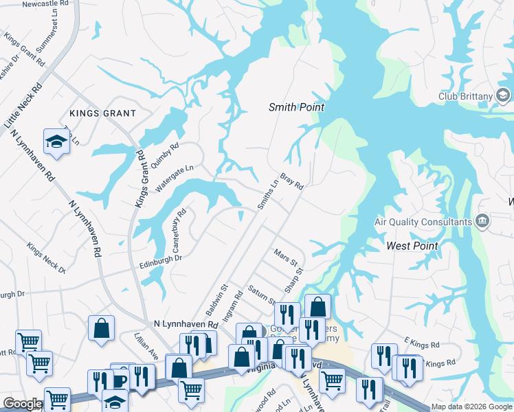 map of restaurants, bars, coffee shops, grocery stores, and more near 3000 Edinburgh Drive in Virginia Beach