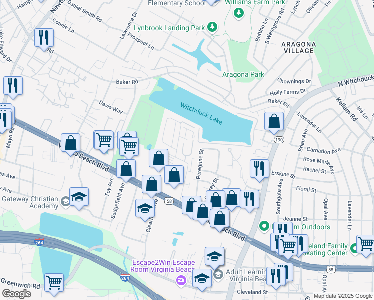 map of restaurants, bars, coffee shops, grocery stores, and more near 424 Adkins Arch in Virginia Beach