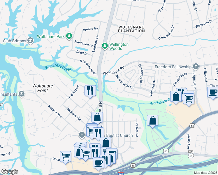map of restaurants, bars, coffee shops, grocery stores, and more near 2431 Sedgewick Drive in Virginia Beach