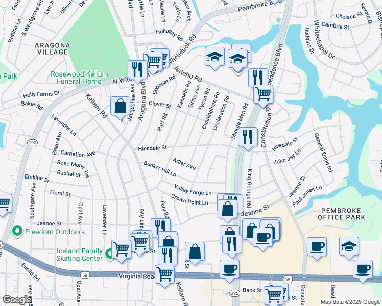 map of restaurants, bars, coffee shops, grocery stores, and more near 529 Cunningham Road in Virginia Beach