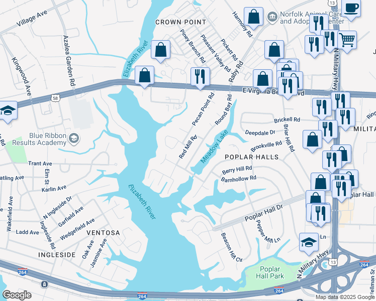map of restaurants, bars, coffee shops, grocery stores, and more near 734 Red Mill Road in Norfolk