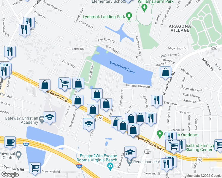 map of restaurants, bars, coffee shops, grocery stores, and more near 440 Adkins Arch in Virginia Beach