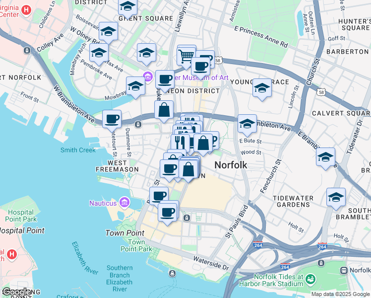 map of restaurants, bars, coffee shops, grocery stores, and more near 421 Granby Street in Norfolk