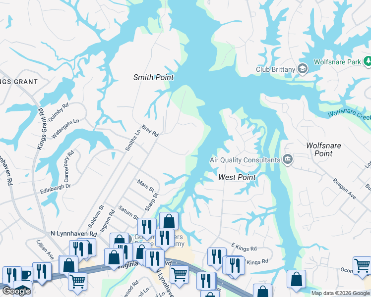 map of restaurants, bars, coffee shops, grocery stores, and more near 2906 River Breeze Cove in Virginia Beach
