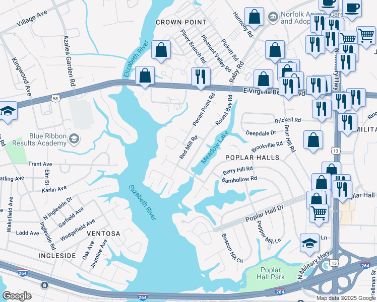 map of restaurants, bars, coffee shops, grocery stores, and more near 734 Red Mill Road in Norfolk