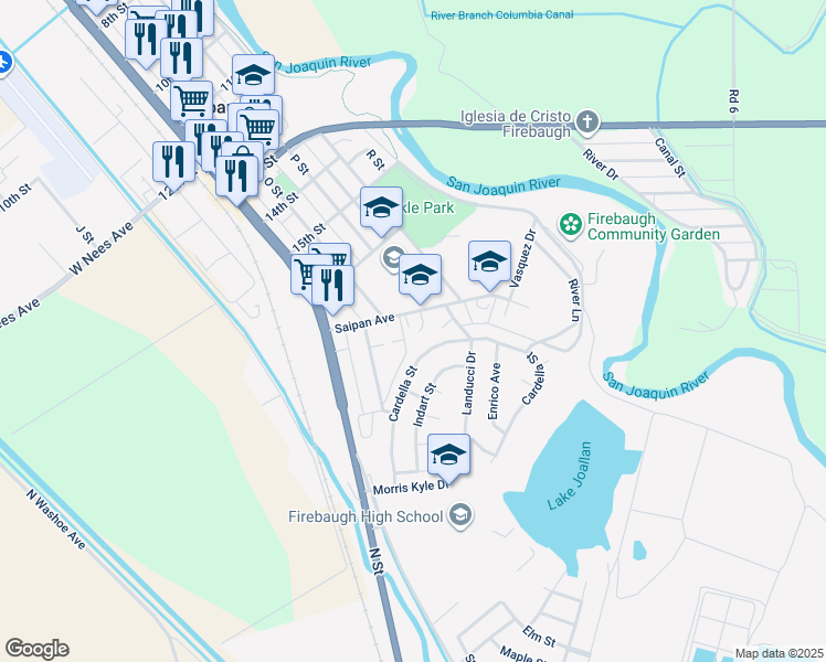 map of restaurants, bars, coffee shops, grocery stores, and more near 1560 Saipan Avenue in Firebaugh