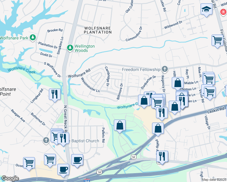 map of restaurants, bars, coffee shops, grocery stores, and more near 736 Westminster Lane in Virginia Beach