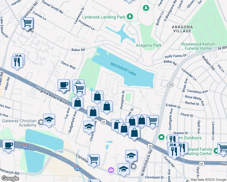 map of restaurants, bars, coffee shops, grocery stores, and more near 419 Adkins Arch in Virginia Beach