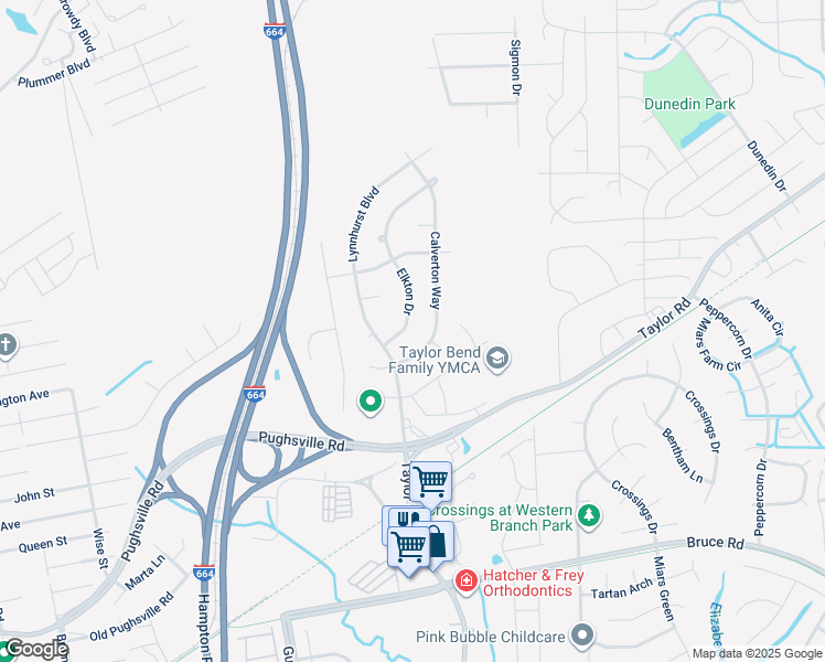 map of restaurants, bars, coffee shops, grocery stores, and more near 3507 Elkton Drive in Chesapeake