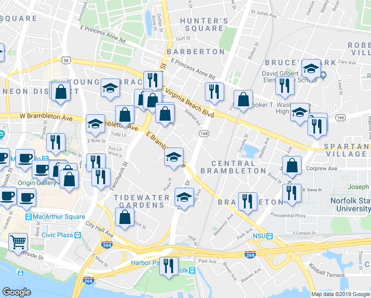 map of restaurants, bars, coffee shops, grocery stores, and more near 1013 Tunstall Avenue in Norfolk