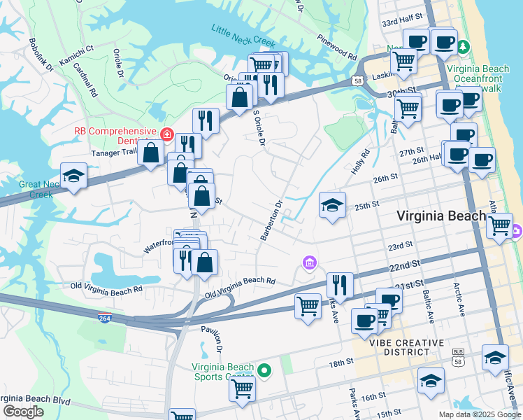 map of restaurants, bars, coffee shops, grocery stores, and more near 904 Barberton Court in Virginia Beach