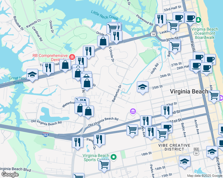 map of restaurants, bars, coffee shops, grocery stores, and more near 904 Barberton Court in Virginia Beach