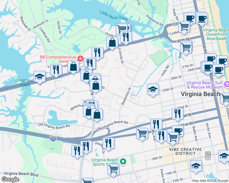 map of restaurants, bars, coffee shops, grocery stores, and more near 909 24th Street in Virginia Beach