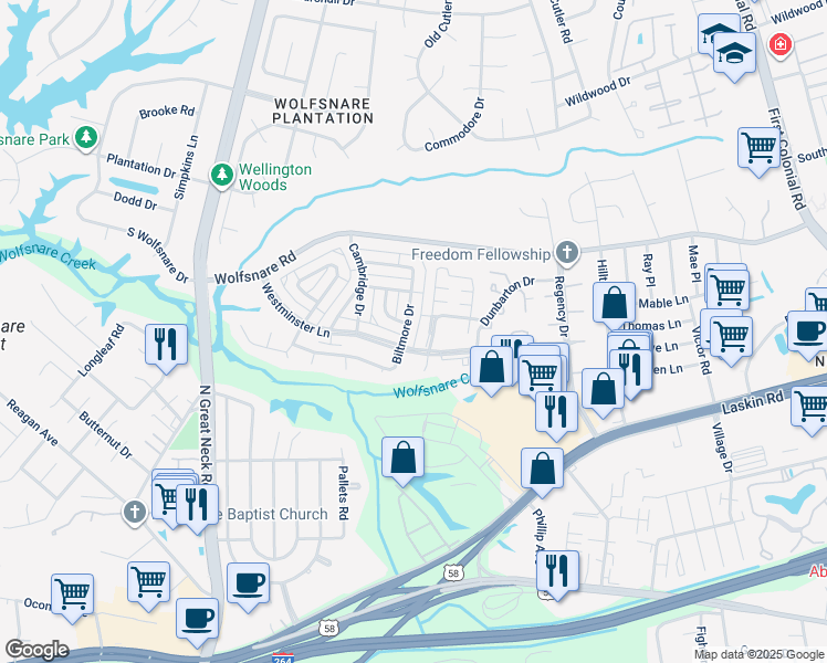 map of restaurants, bars, coffee shops, grocery stores, and more near 707 Tilden Place in Virginia Beach