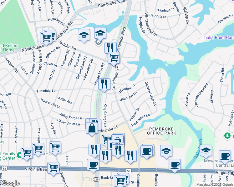 map of restaurants, bars, coffee shops, grocery stores, and more near 509 Jonathan Court in Virginia Beach