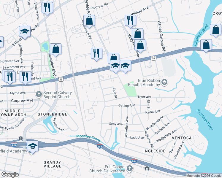 map of restaurants, bars, coffee shops, grocery stores, and more near 3517 Evangeline Street in Norfolk