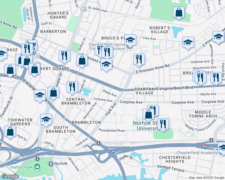map of restaurants, bars, coffee shops, grocery stores, and more near 964 Marshall Avenue in Norfolk