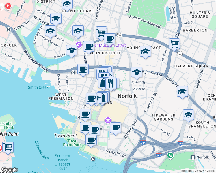 map of restaurants, bars, coffee shops, grocery stores, and more near 435 Monticello Avenue in Norfolk