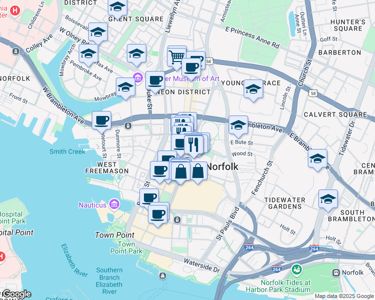 map of restaurants, bars, coffee shops, grocery stores, and more near 435 Monticello Avenue in Norfolk