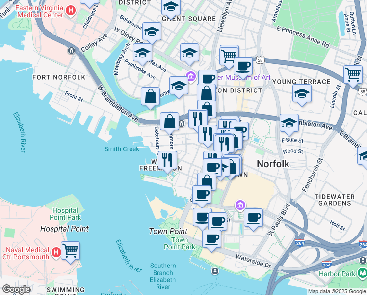 map of restaurants, bars, coffee shops, grocery stores, and more near 253 West Freemason Street in Norfolk
