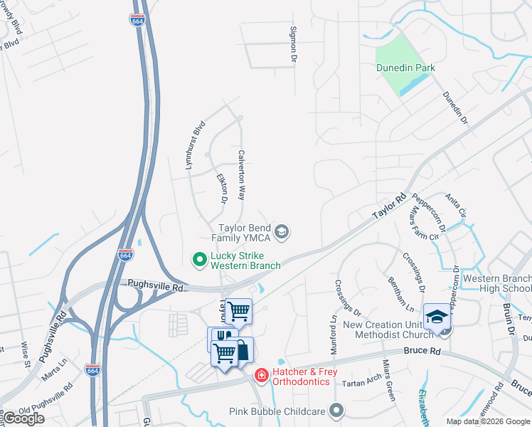 map of restaurants, bars, coffee shops, grocery stores, and more near 3529 Calverton Way in Chesapeake