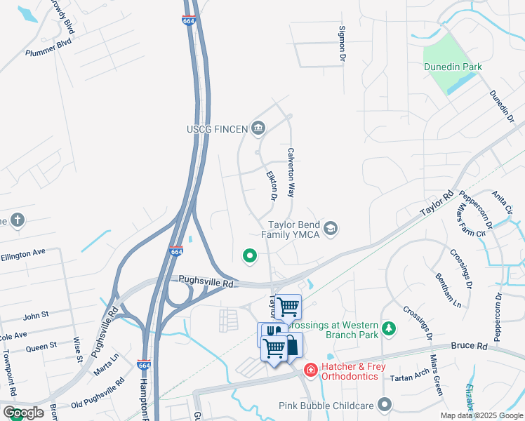 map of restaurants, bars, coffee shops, grocery stores, and more near 3507 Elkton Drive in Chesapeake