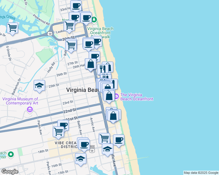 map of restaurants, bars, coffee shops, grocery stores, and more near 2321 Atlantic Avenue in Virginia Beach