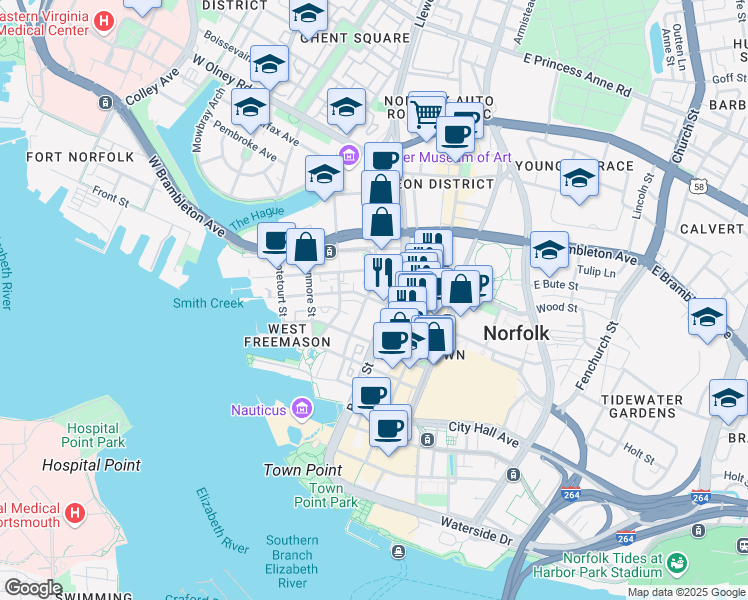 map of restaurants, bars, coffee shops, grocery stores, and more near 225 West Freemason Street in Norfolk