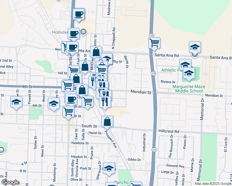 map of restaurants, bars, coffee shops, grocery stores, and more near 441 Adrian Court in Hollister