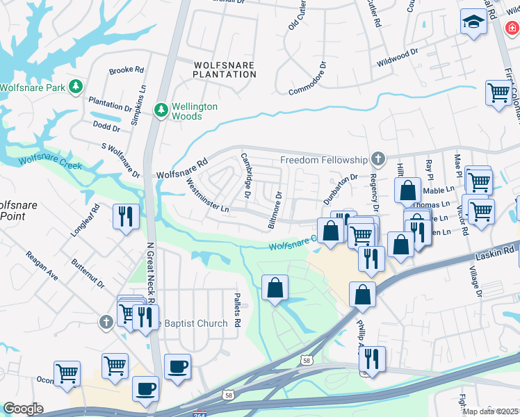 map of restaurants, bars, coffee shops, grocery stores, and more near 736 Westminster Lane in Virginia Beach