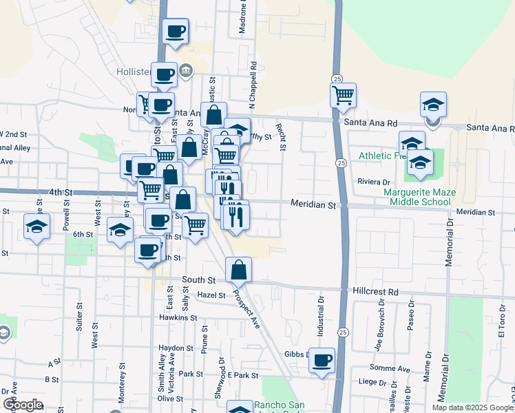 map of restaurants, bars, coffee shops, grocery stores, and more near 441 Adrian Court in Hollister