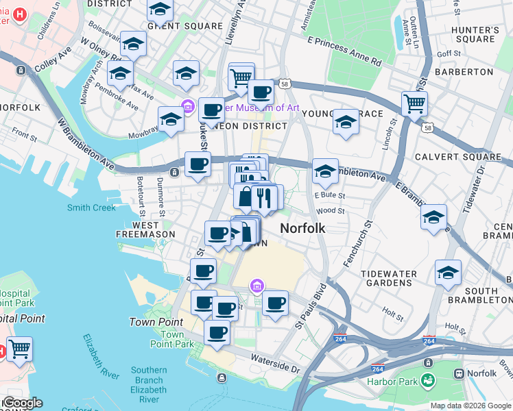 map of restaurants, bars, coffee shops, grocery stores, and more near 435 Monticello Avenue in Norfolk