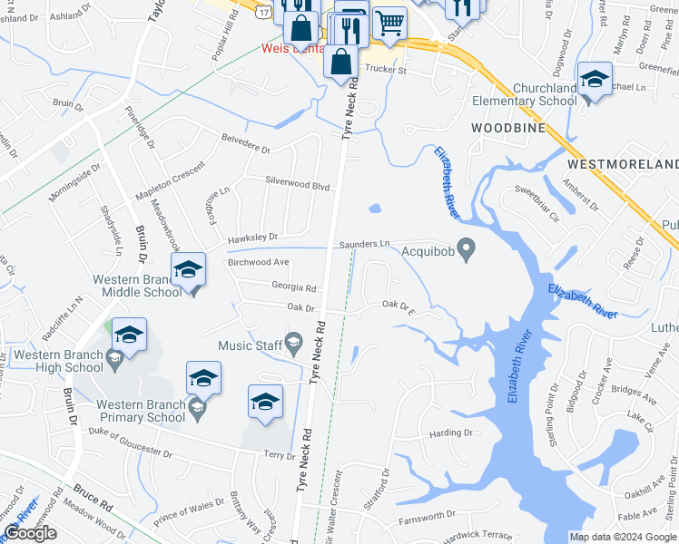 map of restaurants, bars, coffee shops, grocery stores, and more near 3149 Tyre Neck Rd in Chesapeake