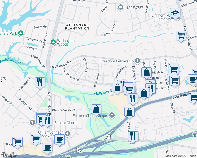 map of restaurants, bars, coffee shops, grocery stores, and more near 707 Tilden Place in Virginia Beach