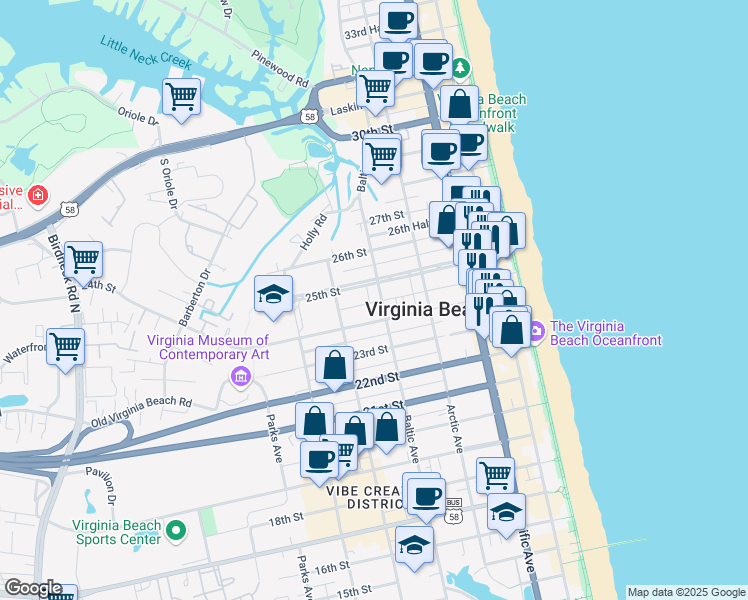 map of restaurants, bars, coffee shops, grocery stores, and more near 2407 Baltic Avenue in Virginia Beach
