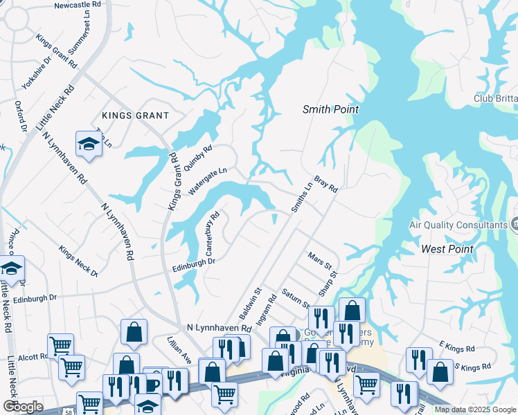 map of restaurants, bars, coffee shops, grocery stores, and more near 3018 Edinburgh Drive in Virginia Beach