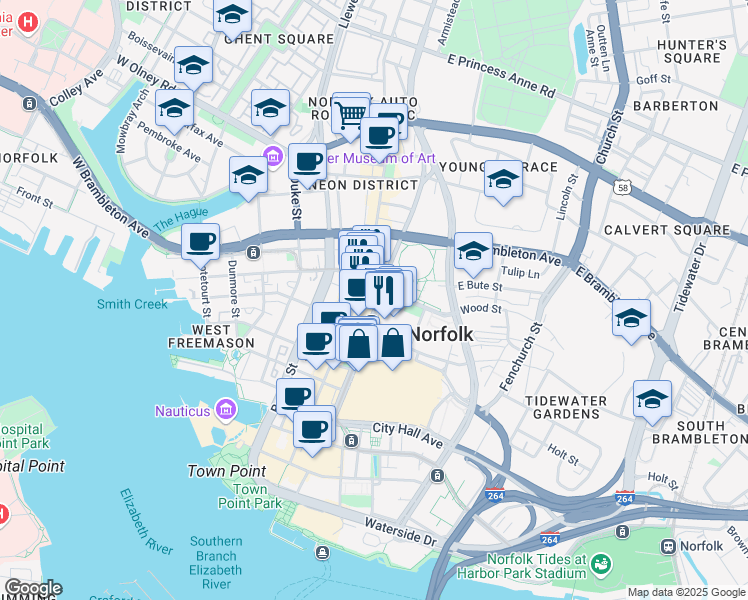 map of restaurants, bars, coffee shops, grocery stores, and more near 435 Monticello Avenue in Norfolk