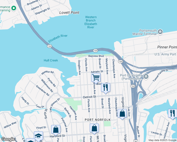 map of restaurants, bars, coffee shops, grocery stores, and more near 153 Florida Ave in Portsmouth