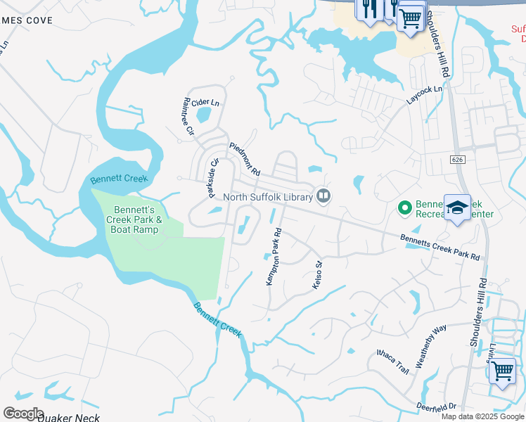 map of restaurants, bars, coffee shops, grocery stores, and more near 3010 Silver Charm Circle in Suffolk