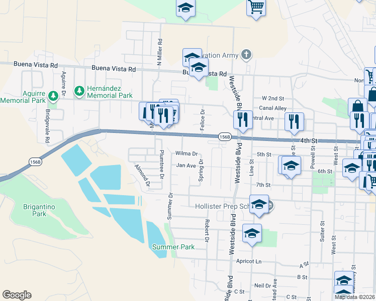 map of restaurants, bars, coffee shops, grocery stores, and more near 490 Rajkovich Way in Hollister