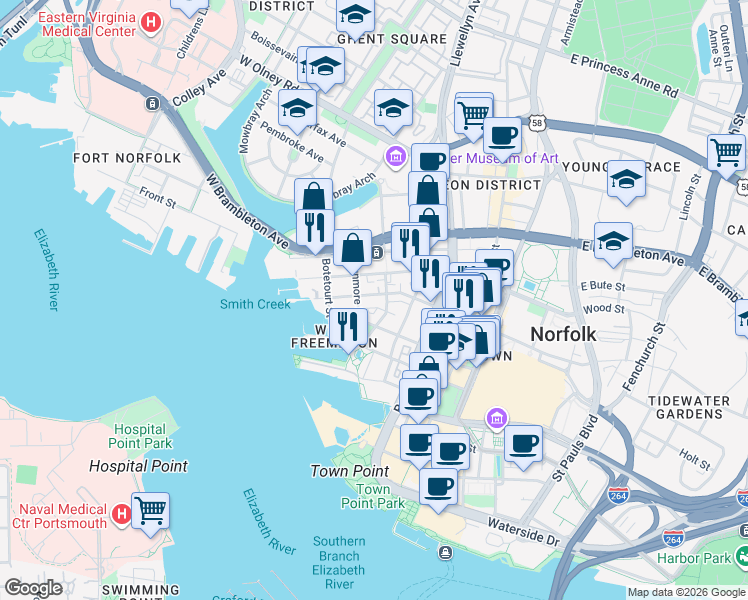 map of restaurants, bars, coffee shops, grocery stores, and more near 327 West Freemason Street in Norfolk